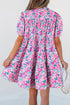 Pink Floral Collared Half Placket Short Sleeve Loose Dress